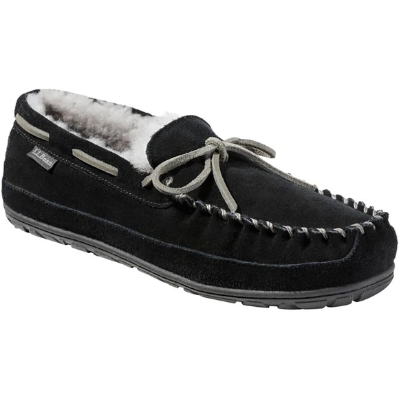 L.L. Bean Wicked Good Slippers Men’s 12 Black Suede Fur Lined Moccasin Slippers main image 5